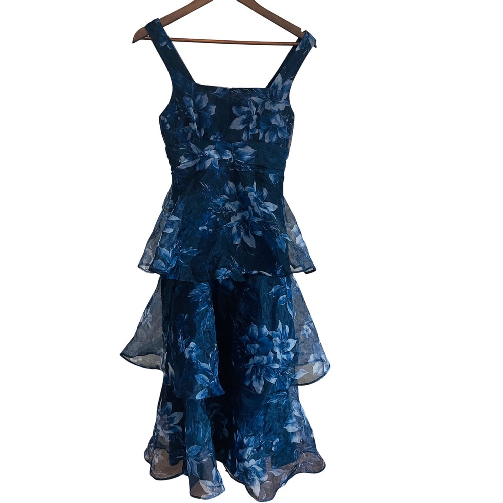 Womens Y2K Fairy Etherial Blue Floral Tiered Organza Dress XS Ruffle Romantic